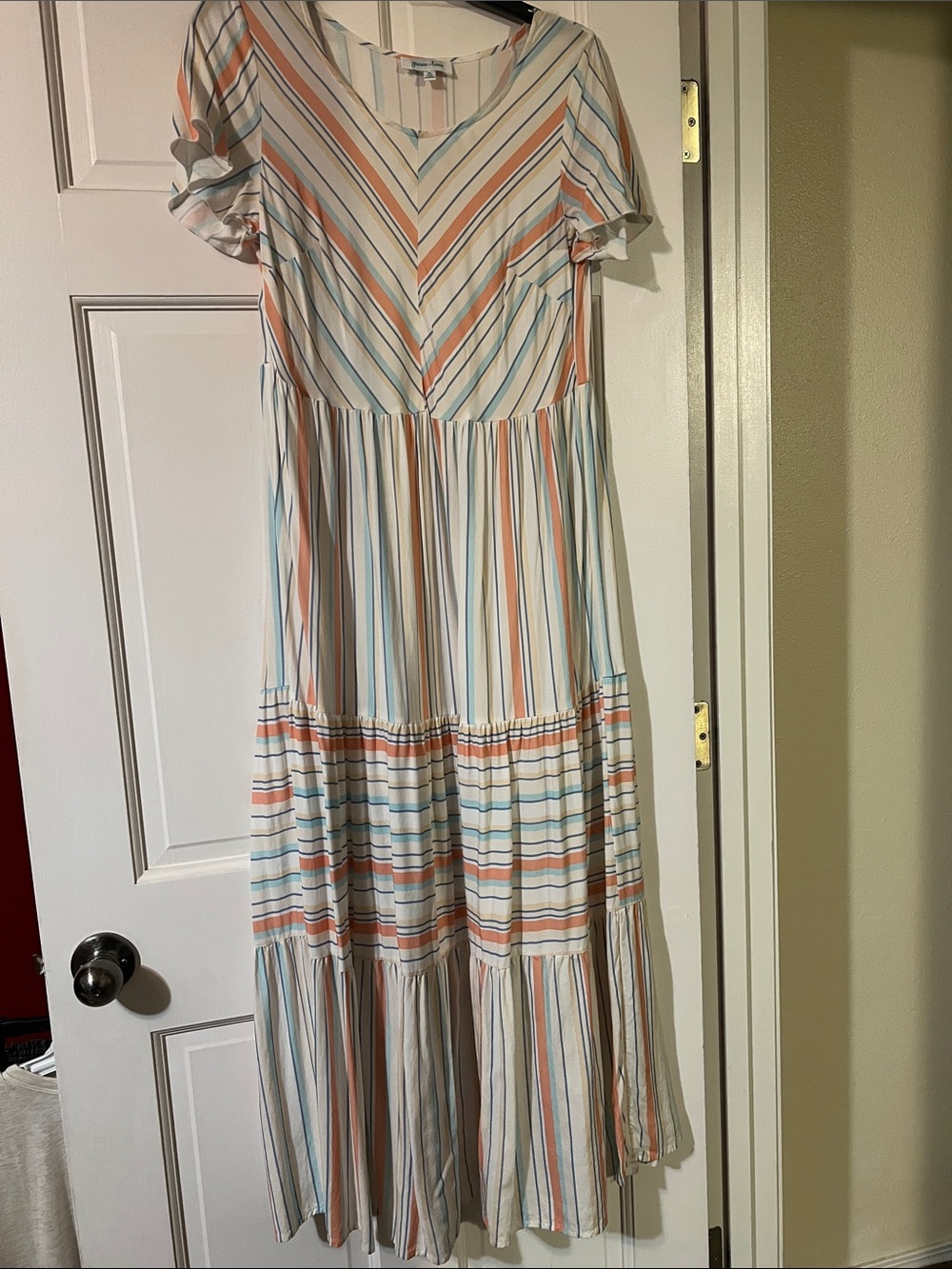 Grace & Lace Cream Maxi Dress with Blue and Peach Stripes